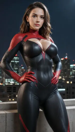 (masterpiece, best quality, absurdres), 1girl, solo, cowboy shot, sw2099, red eyes, light-skinned female, looking at viewer, hands on hips, glowing, intricate black bodysuit, muscular, outdoors, New York city Time Square below, night, on rooftop., cleavage, large breasts, spiderman, ps4, spider, web, printing, red, bodysuit, <lora:d0429b4d-4b02-4aad-b9e8-d20d30298f9f (1):.5>, <lora:cece_sdxl:1>