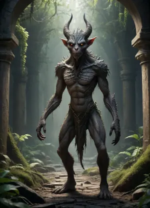 The scene is in the style of a dark fantasy \, a dystopia with a very detailed and atmospheric environment. The world is destroyed, but magically, overgrown ruins, polluted by glowing anomalies, perverted nature and the remnants of vanished civilizations. The light is dim or unnatural, casting eerie shadows. Creatures and characters \ are mystical, hybrid, animal-like anthropomorphic creatures, with dangerous or wild traits. The art style combines elements of medieval fantasy.