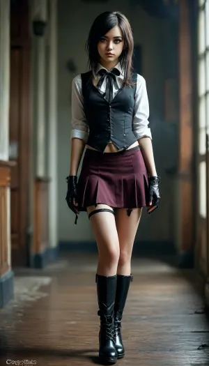 petite student, ripped revealing clothes, goth, Small tits, full body view, Tinymodel, young, schoolgirl, pretty young, Young girls, 18 years old, perfect face, dark brown eyes, cute, closeup, petite body, smokey eyes, full body photo, beautiful face, high, heels, sexy, heel, 15, cm, boots, <lora:398313_training_data:.8>, <lora:MJ52:.8>, ChunLingerie, <lora:SDXL_ChunLingerieXL:.8>