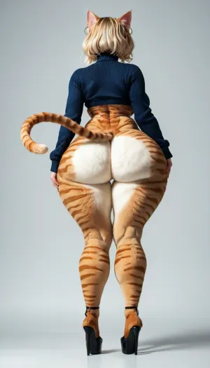 (anthro cat girl:2), Dumb slut, petite torso with massive furry ass, (sexy girl), (medium saggy natural breasts), (massive fat furry ass), thigh gap, (incredibly thick legs:1.8), (super thick furry thighs), (incredibly wide hips:1.6), (bottom heavy), (long legs:1), mini sweater, long cat feet, (very tight micro tube top), (bending over), full body, eye level angle, back view, <lora:milkers_v2:.5>