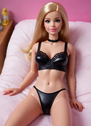 life size barbie doll, original barbie doll, joint lines at shoulders, joint lines at hips, (plastic skin:1.2), (glossy skin), full body view, (balls joint doll), (barbie:1.3), doll face, plastic face, (plastic doll:1.2), lying on a bad, spreading legs wide, (cum covered:1.2), (cum on face:1.2), (black bra), (black panties), hand in panties, fingering