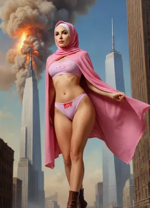 (TITLE TEXT "Virgin No.72":1.8), "Virgin No.72", (text reading "Virgin No.72"), (big movie title "Virgin No.72"), (movie poster:1.2), (huge letters, movie title text:1.2), (Muslim woman, brown skin:1.3), (Arab woman:1.1), (brown skin:1.3), (religious hijab:1.3), wet sweaty body, big text on poster, sweaty body, ((string bikini bottom)), sideview, (((tight uniform 50's))), (((pin up 1940's))), (explosion on World Trade Center:1.1), (1950's movie poster:1.2), (huge title text, movie poster:1.5), (big text on poster:1.5), (1950's movie poster:1.4), (1940's pin up girl), (Muslim girl in hijab sitting on a cloud in the sky:1.2), (hijab:1.5), (Arab girl in underwear:1.2), (skyline in background:1.3), (explosion on skyscraper:1.3), (airplane crashing into World Trade Center:1.3), (September 11 attacks:1.2), (9/11 September twin tower attack:1.2), (airplanes crashing in skyscraper:1.1), (she is wearing a pink hijab), Photography, photorealism, tall, beautiful perfect figure, Knee-high boots, perfect tall legs, charming eyes, sad yet gracious face, dark background, fantasy art capturing the style of Aaron Horkey, Jeremy Mann and Luis Royo, body-focused composition from a low angle, alluring figure, dark fantasy, dynamic composition, warm hues, showcases acrylic calligraphy, watercolor techniques integrated seamlessly into a maximalist masterpiece, detailed with gouache fluidity, golden hour light, hyperrealism, hypperrealistic, hyperdetailed, 64k, ultraHDR, Movie, Poster, page, panties, pulled, to, side, pussy, shaved, logo, text, sign, that, says, the, word, <lora:Movie Poster:.5>, <lora:Pussy_pants_nohands_D03_realvizXL2_bucket_01-000010:.5>, <lora:texta:1>