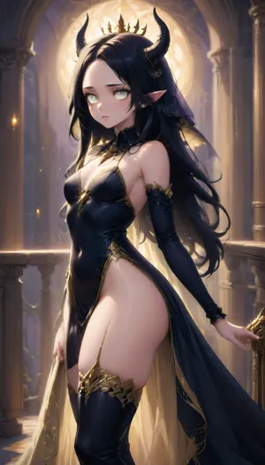 1 extremely beautiful elf girl queen standing on a balcony at night, high saturation, golden elven crown with 2 horns, black veil flowing off the horns, shoulders that look like gold goblets, (close up shot:1.4), side view, pale skin, large full beautiful lips, extremely thin sexy face, hair covering one eye, black hair, perfect long flat hair, extremely straight hair, gold trimmed elegant black gown, (thigh high boots:1.2), (fully clothed), very long thick eyelashes, light white eyes, (extremely cute petite body), cute small breasts, (long legs), small waist, cute bubble butt, extremely thin petite thighs, extremely perfect sinister eyes, perfect face, 8k, gothic elven castle at night, dark, chiaroscuro, low-key, <lora:EnvyLavendarFantasyXL01:1.2>, <lora:EnvyDramaticDigitalPaintingXL01:1.5>, <lora:EnvyDigitalFusionXL01c:1.1>, <lora:zavy-cntrst-sdxl:1.7>