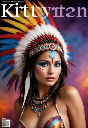 glossy magazine cover style, text headline "KITTYart", a adult beautiful slender sioux indian woman with a large colorful indian sioux feather headdress and war paint, elaborate hairstyle, lingerie, aroused skin, colorful smoke, colorful glass, fashion tabloid style, text "ART", frame, graphical design, text, shapes, numbers, barcode, glamour magazine, sparkling look, realistic pretty women photo, intricate, posing, handsign to viewer, #©KITTYART


































#©KITTYART
