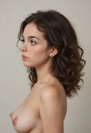young slut, sticking pointed breasts, long puffy nipples, side view