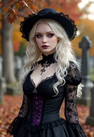 Beshine, albino skin, extremely pale skin, veins showing through skin, outside, cemetery park, black roses all around, sunset, autumn leaves, realistic lighting, regal Black hunting dress with purple lace trim and silver adornment, mischievous smile at camera, long black wavy hair, dark makeup, extreme cleavage, hanging viewer a small black vial, Gothic style, art, fantasy, drawing in the style of realistic anime, dark, Gothic, high, heels, sexy, heel, 15, cm, boots, <lora:398313_training_data:.8>, <lora:MJ52:.8>