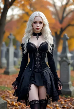 Beshine, albino skin, extremely pale skin, veins showing through skin, outside, cemetery park, black roses all around, sunset, autumn leaves, realistic lighting, regal Black hunting dress with purple lace trim and silver adornment, (Pussy is a slightly visible under the skirt), mischievous smile at camera, long black wavy hair, dark makeup, extreme cleavage, hanging viewer a small black vial, Gothic style, art, fantasy, drawing in the style of realistic anime, dark, Gothic, high, heels, sexy, heel, 15, cm, boots, <lora:398313_training_data:.8>, <lora:MJ52:1.5>