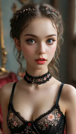 (((stand))), (((eye contact))), (((very young pretty girl))), Padme Amidala, Garterbelt, black, fabric, floral, embroidery, wearing, the, garterbelt, shock, (((moles all over the body))), (ultra realistic:1.3), (maximum quality:1.3), (high resolution:1.3), (extreme detail:1.3), (ultra realism:1.3), (maximum detailed skin:1.3), ((face, chest, navel, hips)), (((long big thick black eyelashes))), ((narrow waist)), ((wide hips)), ((makeup)), lipstick, (((eyes contact))), <lora:MJ52:.8>, <lora:GarterbeltXL:.8>, <lora:Oxygen girl_SDXL1.0:.2>, <lora:karina_sdxl_v10:.3>, <lora:Midjourney Image Enhancer XL v1:1>