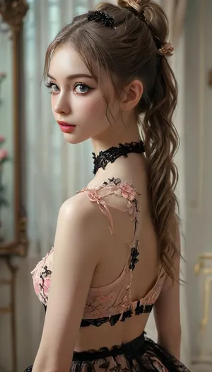 (((view from behind))), (((perfect round butt))), (((looks back at viewer))), (((stand))), (((high ponytail))), (((skinny))), (((eye contact))), (((very young pretty girl))), belly cutout, transparent, Padme Amidala, Garterbelt, black, fabric, floral, embroidery, wearing, the, garterbelt, shock, (((moles all over the body))), (ultra realistic:1.3), (maximum quality:1.3), (high resolution:1.3), (extreme detail:1.3), (ultra realism:1.3), (maximum detailed skin:1.3), (((face, chest, navel, hips))), (((long big thick black eyelashes))), ((narrow waist)), ((wide hips)), ((makeup)), ((blush)), lipstick, (((eyes contact))), <lora:MJ52:.5>, <lora:GarterbeltXL:.5>, <lora:Oxygen girl_SDXL1.0:.2>, <lora:karina_sdxl_v10:.3>, <lora:Midjourney Image Enhancer XL v1:.8>