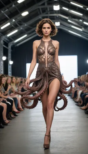 A hyper-realistic fashion photograph runway, full body shot of a 35-year-old spanisch female model with medium-length, brown hair and brown eyes, walks directly towards the camera, wearing a dramatic dress inspired by octopus tentacles, complete with flowing silicone appendages that mimic the movement and tactile sensation of a live octopus, modern industrial hall, stunning backdrop, metal, audience members sitting with good distance along either side of the runway, scattered throughout the venue are photographers, their cameras clicking rhythmically to capture the fleeting moments of grace and style, Modern and brightly lit, fujicolor superia x-tra 400, HDR