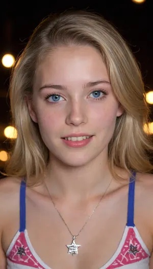 (((Dark Room))), (((little lighting))), (((Night time))), (((camera flash))), light off, (harsh flash:1.2), (((Amateur Photo))), (((candid Photo:1.3))), (Teen:1.8), (shot on an iphone:1.3), 18 year old fashion model, young Cybill Shepherd face, posing, amateur Polaroid instant photo, night time dark room, lights off, bad lighting, flash photography, intimate pose, long hair, exposed breasts, dirty blonde, ((bright blue eyes)), dark eyebrows, perfect eyes, thick waist, small tits, wide hips, big ass, highest quality, insanely detailed photo, masterpiece, detailed skin texture, (chubby:1.2), ((mouth slightly open, dull look)), wearing an elegant silver six-pointed "Star-of-David" necklace