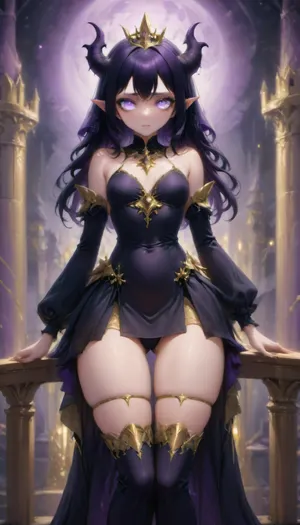 1 extremely beautiful elf girl queen standing on a dark balcony at night, high saturation, (evil expression), (small head), golden elven crown with 2 horns, (black veil flowing off of horns), shoulders pads that look like golden goblets, (close up shot:1.4), side view, pale skin, large full beautiful lips, (extremely thin sexy face:1.2), black hair, perfect long flat hair, (extremely straight hair:1.3), (gold trimmed elegant black gown:1.2), (thigh high boots:1.2), (fully clothed:1.4), very long thick eyelashes, light white eyes, (extremely cute petite body), cute small breasts, (thin legs:1.4), small waist, (extremely small hips), (extremely thin petite thighs), (extremely perfect small eyes:1.2), perfect face, gothic elven castle at night, purple moon, dark, chiaroscuro, low-key, <lora:EnvyLavendarFantasyXL01:1.5>, <lora:EnvyDramaticDigitalPaintingXL01:.9>, <lora:EnvyDigitalFusionXL01c:1.4>, <lora:zavy-cntrst-sdxl:.5>
