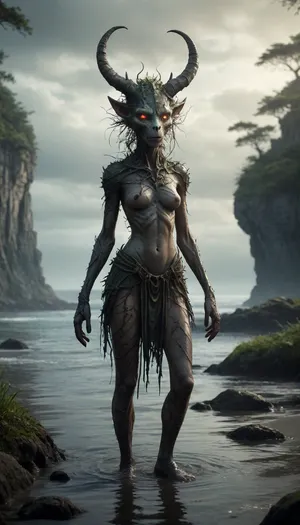 The scene is made on the ocean shore with vegetation in the style of dark fantasy-a dystopia with a very detailed and atmospheric environment. The world in the water is magically infected with glowing anomalies, perverted nature, and the remnants of vanished civilizations. The light is unnatural, casting eerie shadows . Creature girl and characters \ \ mystical, hybrid, animal-like anthropomorphic creatures with dangerous or wild traits. The art style combines elements of medieval fantasy.