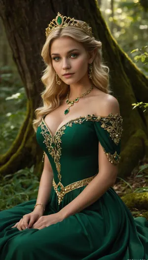 (masterpiece, best quality, photorealistic, highres), 1girl, fantasy elf princess, 22 y.o., pointed ears, short wavy blonde hair, light fair skin, emerald green eyes, ornate golden tiara with gemstone, intricate choker necklace, white and green fantasy dress with off-shoulder sleeves, gold arm bracelet, detailed waist belt, exposed shoulders and midriff, sitting gracefully on forest ground, lush green foliage, sunlight filtering through trees, enchanted magical forest background, serene gentle expression, elegant and regal posture, fantasy cosplay, cinematic lighting, sharp focus, detailed accessories, <lora:add-detail-xl:.8>, <lora:MaybeBetterFaceInFullBodyLora_XL_rev3:1>, <lora:bombshell_v2:2>, <lora:Microwaist_XL_v01:1.2>