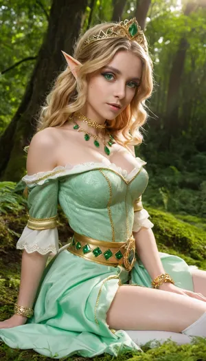 (masterpiece, best quality, photorealistic, highres), 1girl, fantasy elf princess, 22 y.o., pointed ears, short wavy blonde hair, light fair skin, emerald green eyes, ornate golden tiara with gemstone, intricate choker necklace, white and green fantasy dress with off-shoulder sleeves, gold arm bracelet, detailed waist belt, exposed shoulders and midriff, sitting gracefully on forest ground, lush green foliage, sunlight filtering through trees, enchanted magical forest background, serene gentle expression, elegant and regal posture, fantasy cosplay, cinematic lighting, sharp focus, detailed accessories, <lora:add-detail-xl:.8>, <lora:MaybeBetterFaceInFullBodyLora_XL_rev3:1>, <lora:bombshell_v2:2>, <lora:Microwaist_XL_v01:1.2>