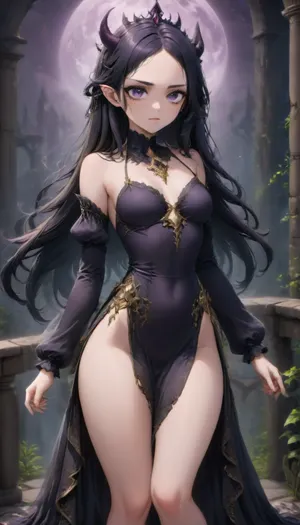 (1 extremely beautiful elf girl queen standing on a dark balcony at night:1.2), (evil expression:1.8), (small head), golden elven crown with 2 horns, (close up shot:1.8), side view, pale skin, large full beautiful lips, (thin sexy face), black hair, (long straight hair:1.8), (long gold trimmed elegant black dress), (thigh high boots), (fully clothed:1.8), very long thick eyelashes, white eyes, (sexy skinny body), sexy small breasts, (thin legs), small waist, (small eyes:1.2), perfect face, gothic elven castle at night, purple moon, anime, yamer, style, <lora:xl_more_art-full_v1:2>, <lora:outline_xl_kohaku_delta_spv5x:2>, <lora:anime_sdxl_v1:2>, <lora:xl_yamer_style-3.0:2>
