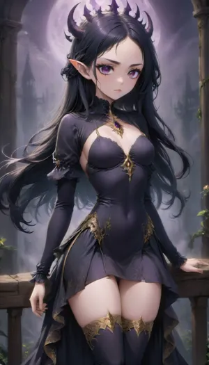 (1 extremely beautiful elf girl queen standing on a dark balcony at night:1.2), (evil expression:1.8), (small head), golden elven crown with 2 horns, (close up shot:1.8), side view, pale skin, large full beautiful lips, (thin sexy face), black hair, (long straight hair:1.8), (long gold trimmed elegant black dress), (thigh high boots), (fully clothed:1.8), very long thick eyelashes, white eyes, (sexy skinny body), sexy small breasts, (thin legs), small waist, (small eyes:1.2), perfect face, gothic elven castle at night, purple moon, anime, yamer, style, <lora:xl_more_art-full_v1:2>, <lora:outline_xl_kohaku_delta_spv5x:2>, <lora:anime_sdxl_v1:2>, <lora:xl_yamer_style-3.0:2>