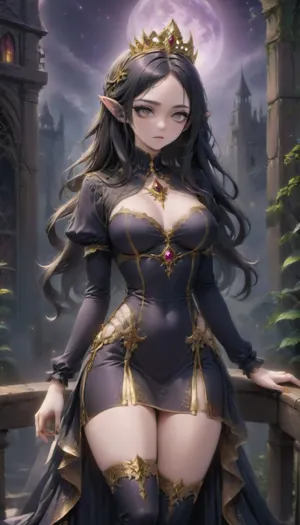 (1 extremely beautiful elf girl queen standing on a dark balcony at night:1.2), (evil expression:1.4), (small head), (golden elven crown), (close up shot:1.4), rear view, pale skin, (thin sexy face), black hair, (long straight hair:1.8), (long gold trimmed elegant black gown:1.4), (thigh high boots), (fully clothed:1.8), very long thick eyelashes, white eyes, (sexy fit body), sexy medium breasts, (thin legs), small waist, (small eyes:1.4), perfect face, gothic elven castle at night, purple moon, anime, yamer, style, <lora:xl_more_art-full_v1:2>, <lora:outline_xl_kohaku_delta_spv5x:2>, <lora:anime_sdxl_v1:.1>, <lora:xl_yamer_style-3.0:2>