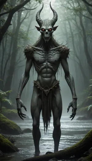 The scene is made on the ocean shore with dense vegetation in the style of dark fantasy-dystopia with a very detailed and atmospheric environment. The world is magically infected with glowing anomalies, perverted nature, and remnants of vanished civilizations. The light is unnatural, casting eerie shadows. Creatures and characters \ \ \ \ mystical, hybrid, animal-like anthropomorphic creatures with dangerous or wild traits. The art style combines elements of medieval fantasy.