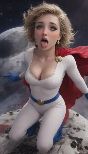 (Powergirl from dcu), (Powergirl wearing her classic superphero outfit), perfectly sculpted facial features, slightly arched elegant eyebrows, full lips with a serene confident yet alluring expression, (high blue boots with stiletto heels, white swinsuit, red cape, long opera blue gloves), (she is fully dressed), (she is 25 years old), blue eyes, ((blushing:2.1)), (she is riding a rocket in the space), (pointy breasts:1.5), (cleavage:1.5), seductive look, highly detailed, (full body view), 1950s, (((ahegao:2.3))), <lora:202646_training_data:1.1>