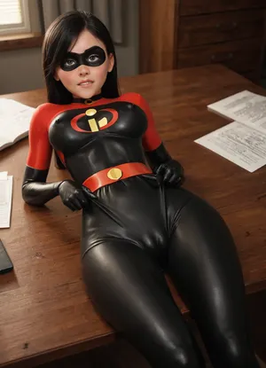 View from above, 1girl solo, Intricate detail Violet Parr from the incredibles in clinging wet costume, (detail rubbing cameltoe:1.3), intensely horny, biting her lip, long straight black hair, (masterpiece, best quality), high quality image, (detail lying limp on a desk), covered huge nipples, (bright overhead lighting), (/The, Incredibles), /, (ultra, HD, quality, details), black straight hair long, eye mask