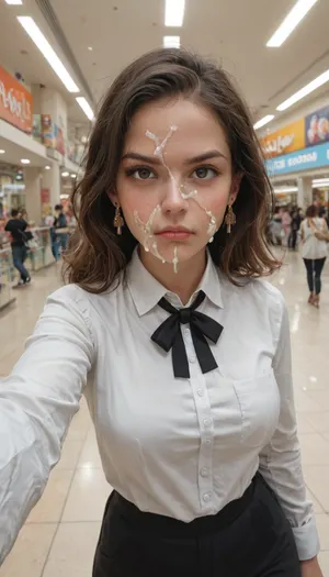 18 year old girl, cute face, Look a viewer, frown, face covered cum, cum on face, facial cum, angry expression, walking, in mall, Model, white collared shirt, selfie