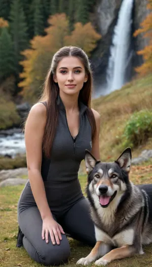 (masterpiece, best quality:1.2), 1 spanish 27yo woman, see through, black jodhpurs, unbuttoned, sleeveless, cleavage, tall, sexy, posing, (anthracite fleece troyer:1.4), outdoors, longest brunette hair, hair combed back, double buns, green eyes, looking at the viewer, ahegao, detailed facial features, strong jaw, seductive smile, in autumn bohemian low mountain ranges landscape, snow on the ground, evening sun shining, lush green forest, water fall in the back ground photorealism, wolf hound is next to her, she kneels on the ground and strokes the dog, <lora:708827_training_data:.5>
