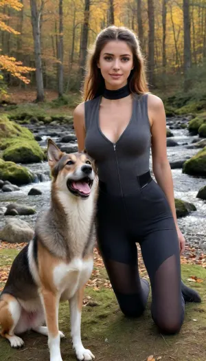 (masterpiece, best quality:1.2), 1 spanish 27yo woman, see through, black jodhpurs, unbuttoned, sleeveless, cleavage, tall, sexy, posing, (anthracite fleece troyer:1.4), outdoors, longest brunette hair, hair combed back, double buns, green eyes, looking at the viewer, ahegao, detailed facial features, strong jaw, seductive smile, in autumn bohemian low mountain ranges landscape, snow on the ground, evening sun shining, lush green forest, water fall in the back ground photorealism, wolf hound is next to her, she kneels on the ground and strokes the dog, <lora:708827_training_data:.5>