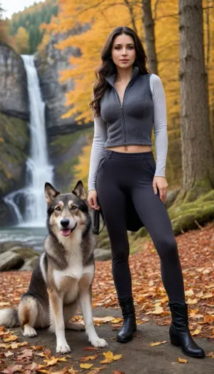 (masterpiece, best quality:1.2), 1 turkish 27yo woman, see through, jodhpurs, unbuttoned, sleeveless, cleavage, tall, sexy, posing, (anthracite fleece troyer:1.4), outdoors, very long black hair, hair combed back, silky hair, golden highlights, blue eyes, looking at the viewer, mystical eyes, ahegao, detailed facial features, strong jaw, seductive smile, in autumn bohemian low mountain ranges landscape, snow on the ground, evening sun shining, lush green forest, water fall in the back ground, colour full maple leaf on the ground, photorealism, wolf hound is next to her, she kneels on the ground and strokes the dog, <lora:708827_training_data:.5>