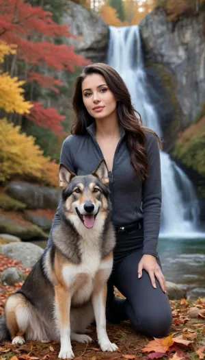 (masterpiece, best quality:1.2), 1 turkish 27yo woman, see through, jodhpurs, unbuttoned, sleeveless, cleavage, tall, sexy, posing, (anthracite fleece troyer:1.4), outdoors, very long black hair, hair combed back, silky hair, golden highlights, blue eyes, looking at the viewer, mystical eyes, ahegao, detailed facial features, strong jaw, seductive smile, in autumn bohemian low mountain ranges landscape, snow on the ground, evening sun shining, lush green forest, water fall in the back ground, colour full maple leaf on the ground, photorealism, wolf hound is next to her, she kneels on the ground and strokes the dog, <lora:708827_training_data:.5>