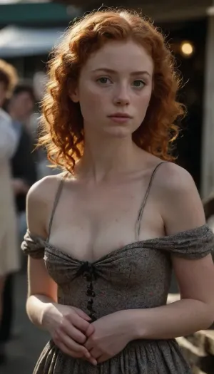 20 year old ginger girl, lots of freckles, light red hair, very curly hair, mullet, small upturned nose, thin lips, big eyes, skinny body, lanky body, thin, no bra, pointy nipples, pokey, period appropriate clothing from colonial new england, at a busy flea market, she hasn’t noticed that the strap of her dress has fallen off of her shoulder and her nipple is visible