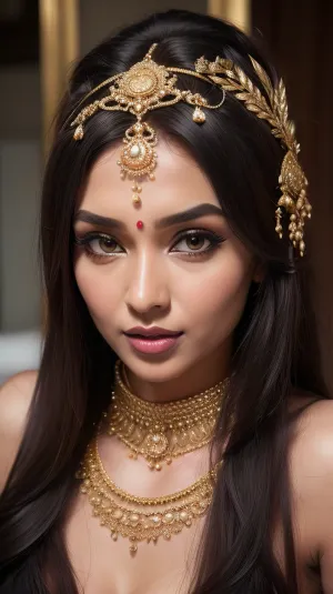 Close up, 7, ((one woman)), ultra realistic, 30 year old indian woman with elegant gold traditional indian facial jewellry and head dress. black satin Bra, bra fuck and cum, small petite slim woman, ((high detailed skin)), ((34c breasts)), 32k uhd, dslr, (highly detailed long flowing wavy hair), highly detailed body, (realistic), insanely detailed, highest quality, horny expression, (looking at viewer:1.2), realcumAI, edgJBG_woman, edgJBG_face, edgJBG_body, <lora:edgBondDollLikenessv1:1.9>