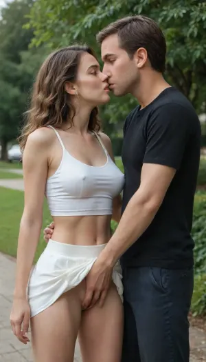 a man and a woman kissing, park, standing, groping, skirt lift, fingering pussy, beautiful stocky 35 year old woman, perfect hourglass figure, straight brown hair, blue eyes, medium saggy breasts, woman dressed in white short skirt and crop top