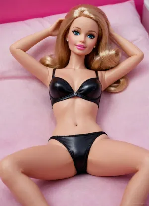 life size barbie doll, original barbie doll, joint lines at shoulders, joint lines at hips, (plastic skin:1.2), (glossy skin), full body view, (balls joint legs), (balls joint arms), (balls joint knees), (balls joint feet), (balls joint hips), (balls joint hands), (balls joint doll), (barbie:1.3), doll face, plastic face, (plastic doll:1.2), lying on a bad, (spreading legs wide), (black bra), (black panties), tiny panties, lying in sexy pose, posing, vinyl lingerie