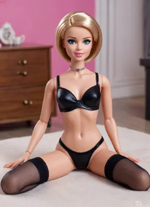 life size barbie doll, doll house, macro photo, short hair, original barbie doll, joint lines at shoulders, joint lines at hips, (plastic skin:1.2), (glossy skin), full body view, (balls joint legs), (balls joint arms), (balls joint knees), (balls joint feet), (balls joint hips), (balls joint hands), (balls joint doll), (barbie:1.3), doll face, plastic face, (plastic doll:1.2), (kneeling), (legs apart), (spreading legs wide), (black bra), (black panties), tiny panties, lying in sexy pose, posing, vinyl lingerie, (black stockings), (vinyl stockings)