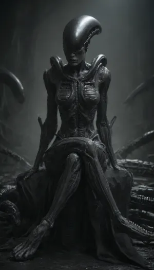 (((((Ariel))))), solo, ((((((sexy xenomorph skin)))))), ((((xenomorph face)))), sits, crossed legs, score_9_up, score_8_up, score_7_up