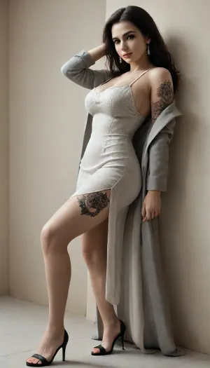 Perfect body, Nordic face, Russian, 25 years old girl, (((straight dark hair))), ((posing in studio)), (sexy pose), (asimetrical pose:1), (wearing long silver dress and classic grey coat), black high heel sandals, narrow waist, (tattoos on thighs), big breasts, perfect hands, perfect face, (side view), C4st1ng, c0uch, <lora:C4st1ng_c0uch:1>