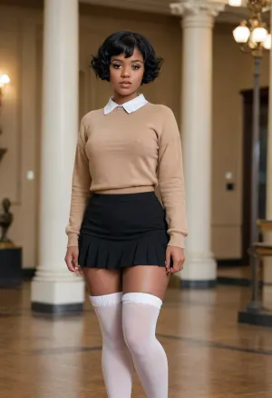 Full body, schoolgirl, large breasts, large ass, large hips, thin waist, hourglass figure, (18 year old black woman), (short black hair), (tan sweater), (white collar), (short black ruffled skirt), (white stockings), makeup, museum