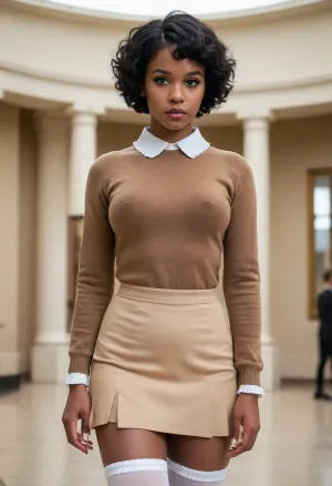 Full body, schoolgirl, large breasts, large ass, large hips, thin waist, hourglass figure, (18 year old black woman), (short black hair), (tan sweater), (white collar), (short black ruffled skirt), (white stockings), makeup, museum