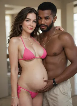 1girl, dark_skin, 1boy, jewelry, swimsuit, bikini, dark-skinned_male, ring, breasts, facial_hair, pregnant, necklace, long_hair, navel, side-tie_bikini_bottom, bracelet, beard, smile, black_hair, brown_hair, looking_at_viewer, medium_breasts, watch, hetero, very_dark_skin, wedding_ring, topless_male, hand_in_pocket, brown_eyes, couple, lips, pink_bikini