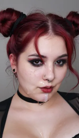 Zoomed on face, chubby, fat, smudged goth makeup, dark red hair tied in two messy buns, nose piercings