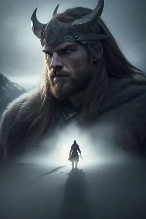 a illutration of a giant Viking berserker in wolf's clothing. sunrise, fog, stormy weather, long shadows, dreamy mood, detailed photo, photorealistic photo, realistic pretty women photo, distorted perspective, night vision, soft fokus, overexposure, parallax, #©KITTYART