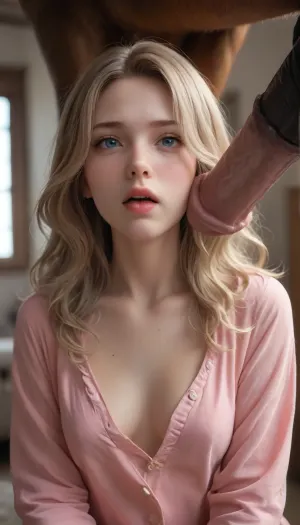 zoophilia, oral sex with a horse, swallows very deep you can see how her throat is bursting, horny 20 year old girl. Wavy hair. Blonde. Freckles. The girl has a very thin body and big firm tits. large areolas, dark areolas. She wears pajamas. 8k, photorealistic, complex detailed face, girl fucks a horse, fucks a horse's cock, big horse cock in her mouth, small breasts, breasts, (score_9, score_8_up, score_7_up, masterpiece, high quality, cinematic, 8k, UHD, high realism, highest detail, night), disgust, fucking doggy style, diffused light, no light, brutal fucking, takes a huge horse cock in her mouth, you can see the swelling on her throat from the cock that penetrated her