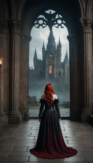 full body, red hair, cleavage, dark fantasy, magic, witch, dark souls, sinister castle