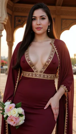A breathtakingly beautiful Arab muse, her voluptuous figure accentuated by a form-fitting traditional garb that is both modest and elegant. Her dark hair cascades in soft waves down her back, adorned with delicate strings of pearls and gold threads that shimmer under the warm, ethereal glow of the setting sun. Her eyes are large and expressive, lined with kohl that creates an alluring contrast against her fair complexion. The muse stands with a regal poise, one hand resting gently on her hip, the other holding a bouquet of exotic blooms that complement her vibrant outfit. The background is a rich tapestry of ancient architecture, with ornate archways and intricate mosaics that frame her, suggesting a palace or royal garden setting. Her ample bust is a focal point, drawing the viewer's gaze to the exquisite neckline of her garment, which is embroidered with intricate gold patterns that highlight her feminine curves. The muse's beauty is not merely physical, there's an aura of wisdom and grace that emanates from her, as if she is the personification of a timeless story or legend waiting to be told. Her lips are slightly parted, hinting at a secret she holds, and her gaze is fixed on the horizon, filled with a yearning for adventure or perhaps a silent invitation to the beholder to join her in the dance of life. The overall composition celebrates the opulence and beauty of Arabian culture while maintaining a sense of mystery and enchantment.
