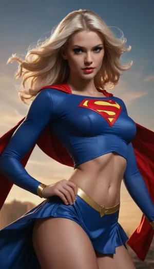 A stylized Supergirl, inspired by artist J Scott Campbell, (((https, //comicartcommunity.com/gallery/details.php?image_id=41936)), ?, ((pulling up a tight crop top)), over her big boobs. S emblem on crop top, She has long platinum blonde hair and a fierce, determined expression. Her outfit is a sexy, toned midriff, modern take on a superhero costume, with a tiny cape and short skirt, rendered in soft colors with subtle blue accents. The pose is dynamic and confident, emphasizing her strength and allure, reminiscent of classic pin-up comic art styles.of J Scott Campbell Art Style & Texture, •	Comic book pin-up aesthetic
	•	Light ink shading, smooth skin and fabric highlights, (Star filled sky), •	Soft color accents with bold outlines

Hashtags, #PhotonSuperSiren #ComicHeroine #PowerPose #PinUpJustice #SilverStrength #HeroReveal #DynamicBeauty #StylizedSupergirl #SexySuperpowered #CapeAndCurves, <lora:387205_training_data:1.8>)