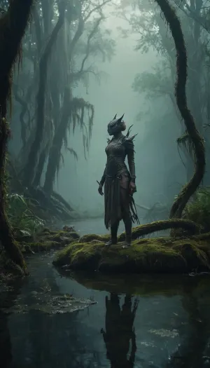 The scene is made on the swamp shore with vegetation in the style of dark fantasy-a dystopia with a very detailed and atmospheric environment. The world in the water is magically infected with glowing anomalies, fog, perverted nature, and the remnants of vanished civilizations. The light is unreal, casting eerie shadows, Creature sexy girl and characters mystical, hybrid, animal-like anthropomorphic creatures with dangerous or wild traits. The art style combines elements of medieval fantasy.