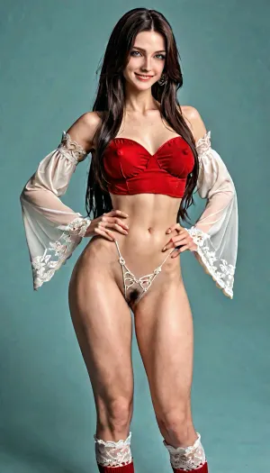 One-piece outfit covering the whole body, wide legs and sleeves, the outfit is made of lace and very transparent. 25yo brunette, very very very long black hair, very very very high platforms, stands with her legs slightly apart with her hands on her hips, leaning to the side, seductive smile, nude, black pubic hair, erect nipples, lace knee socks, garter, ((all body)), 8K, ac_neg1