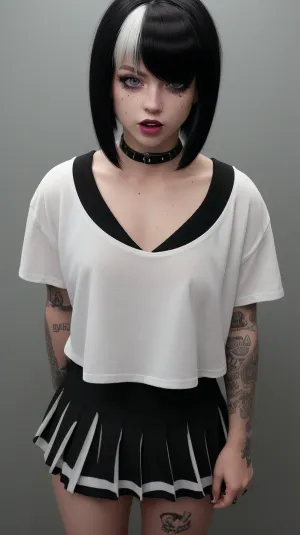 (Ashlyn_SBG), Girlfriend, Freckles, freckles, tongue out, pretty teeth, cute, slim, dimples, Fr3ckles, (bce:1.4), 1girl, solo, (Punk, (hair over eyes), , , Bleach Blonde, Black hair, Dark Black hair, two-tone hair, bob cut:1.4), edgpskirt, wearing, punk, skirt, bce, Ashlyn_SBG, <lora:edgPunkSkirt:.8>, <lora:better_creative_hair-06:.5>, <lora:tng-all-v13:1>, <lora:Long_Tongue_Lora:1>, <lora:211219_training_data:1>