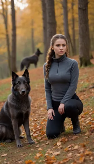 (masterpiece, best quality:1.2), 1 czech 20yo woman, black jodhpurs, (anthracite fleece troyer:1.4), outdoors, longest brunette hair, hair combed back, double buns, green eyes, in autumn bohemian low mountain ranges landscape, photorealism, wolf hound is next to her, she kneels on the ground and strokes the dog, <lora:708827_training_data:.5>